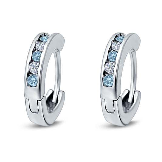 Eternity Huggie Hoop Earrings Channel Round Simulated Aquamarine Cubic Zirconia