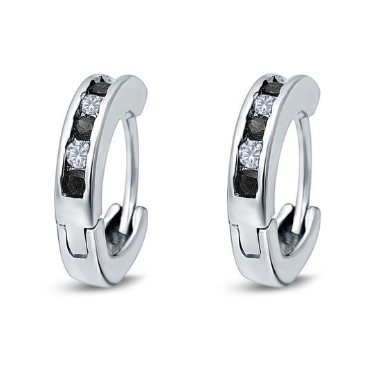 Eternity Huggie Hoop Earrings Channel Round Simulated Black Cubic Zirconia