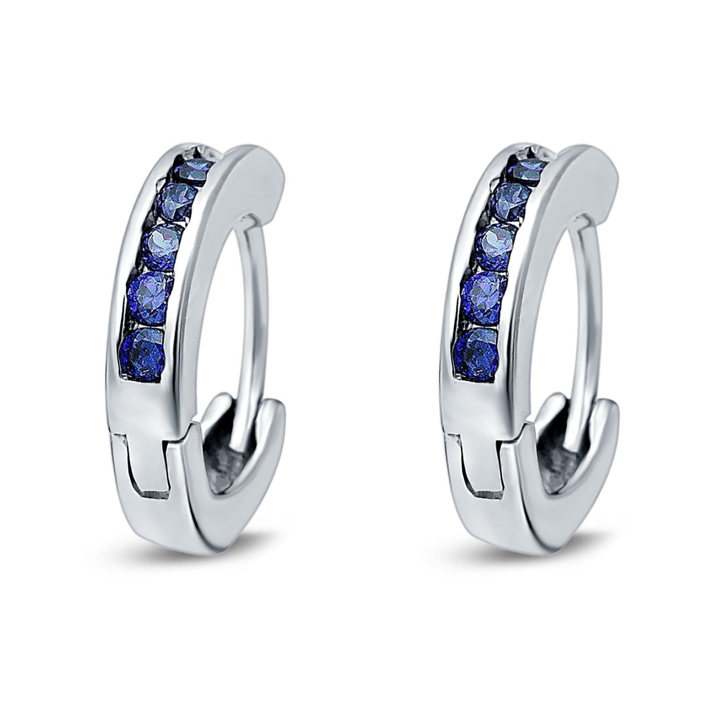 Eternity Huggie Hoop Earrings Channel Round Simulated Blue Sapphire CZ