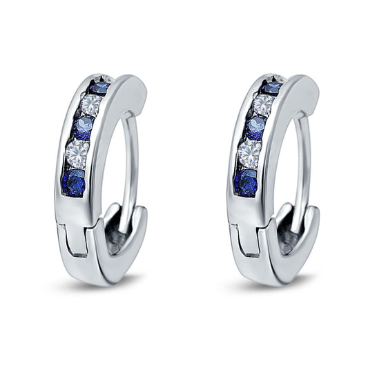 Eternity Huggie Hoop Earrings Channel Round Simulated Blue Sapphire Cubic Zirconia