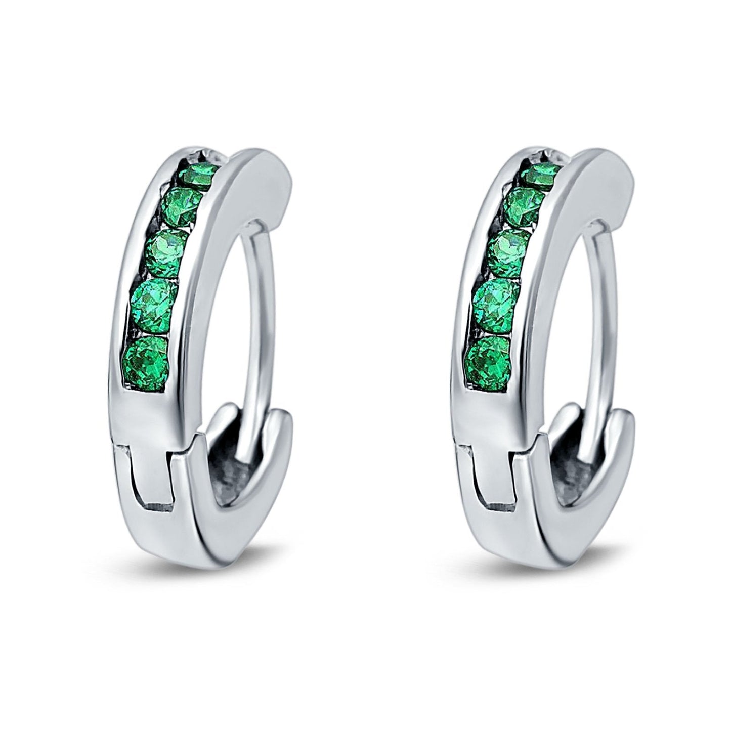 Eternity Huggie Hoop Earrings Channel Round Simulated Green Emerald CZ