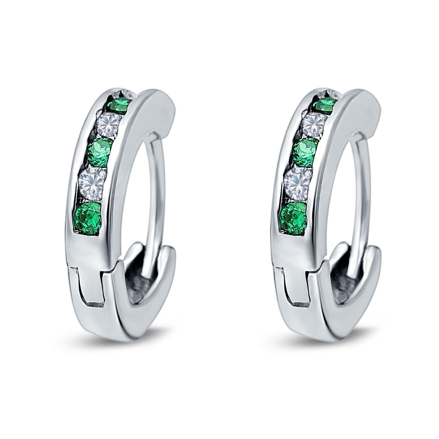 Eternity Huggie Hoop Earrings Channel Round Simulated Green Emerald Cubic Zirconiar