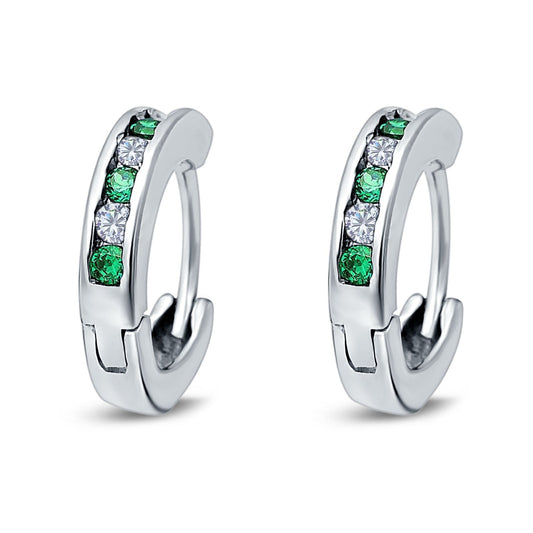 Eternity Huggie Hoop Earrings Channel Round Simulated Green Emerald Cubic Zirconiar