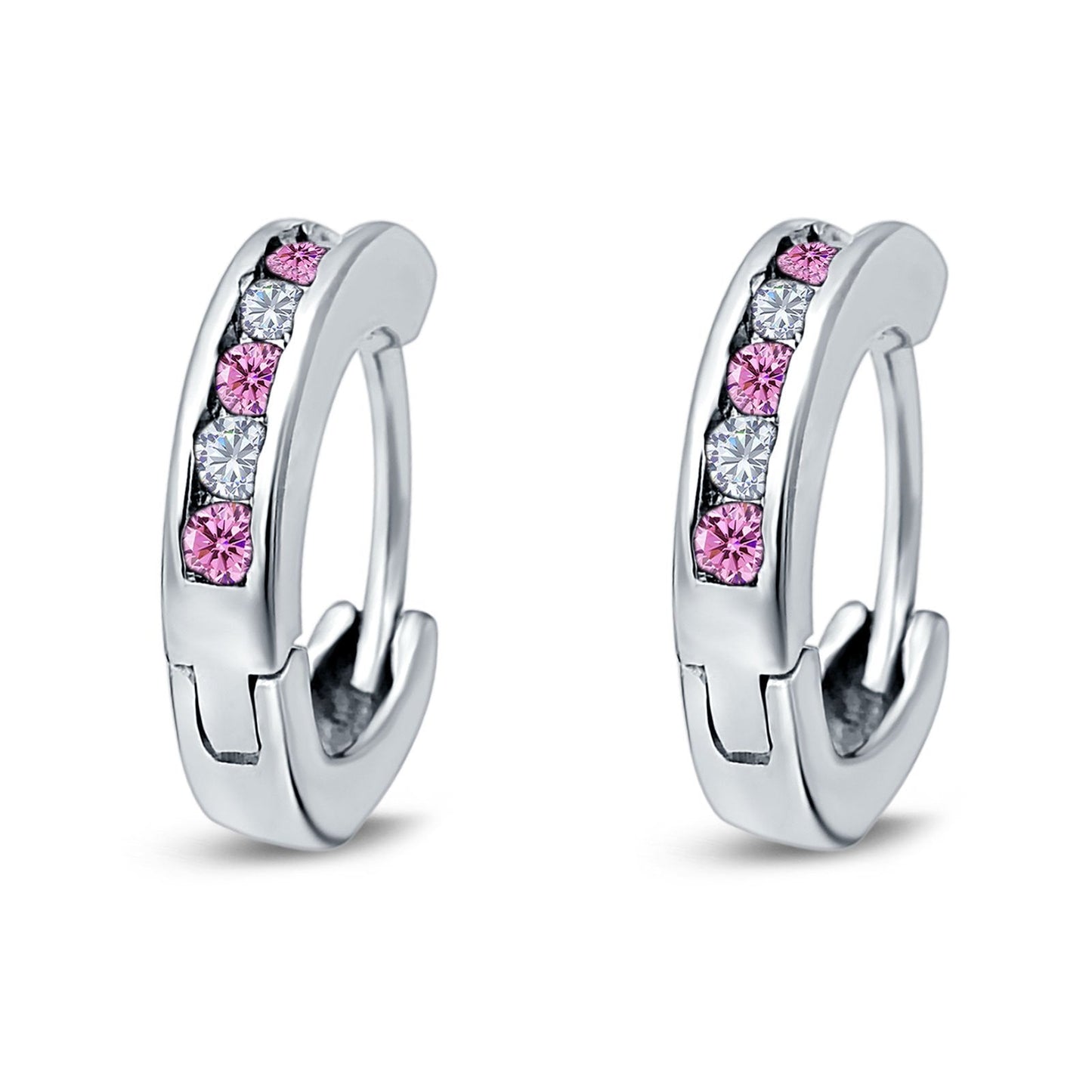 Eternity Huggie Hoop Earrings Channel Round Simulated Pink Cubic Zirconia