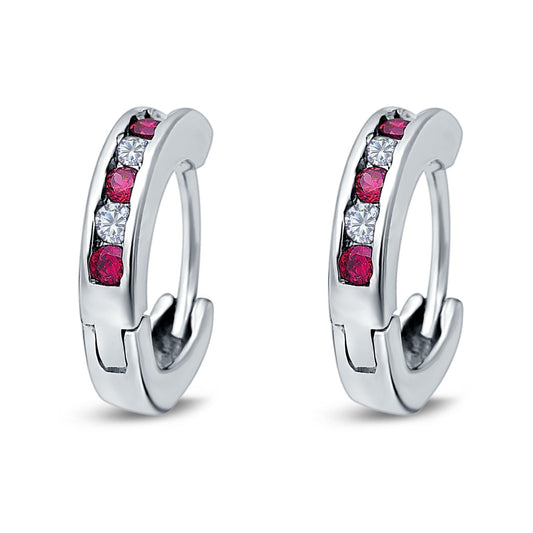 Eternity Huggie Hoop Earrings Channel Round Simulated Ruby Cubic Zirconia