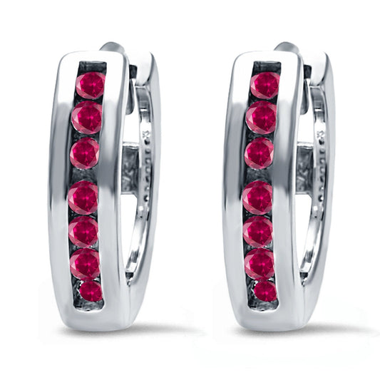 Half Eternity Round Simulated Ruby CZ Hoop Earrings