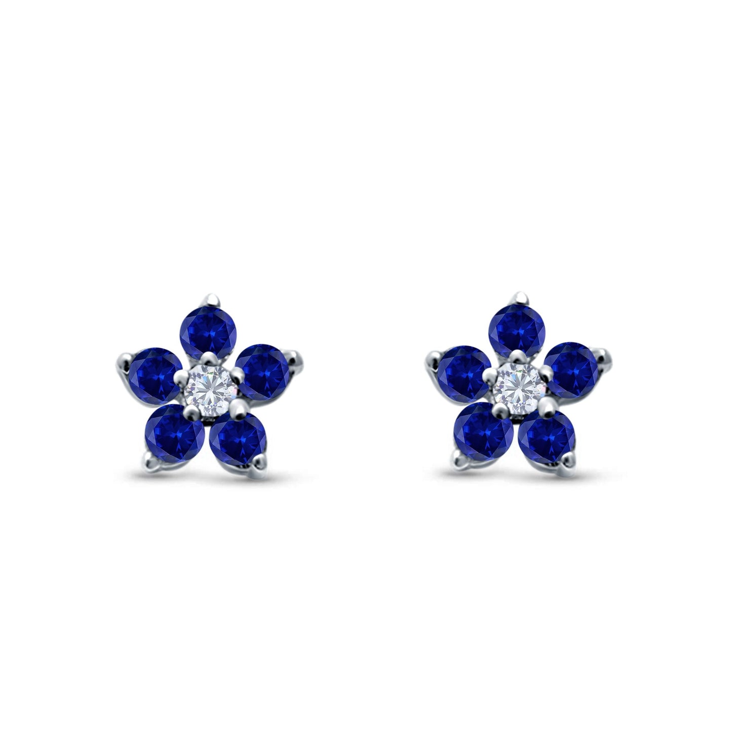 Cluster Flower Round Simulated Blue Sapphire CZ Stud Earrings