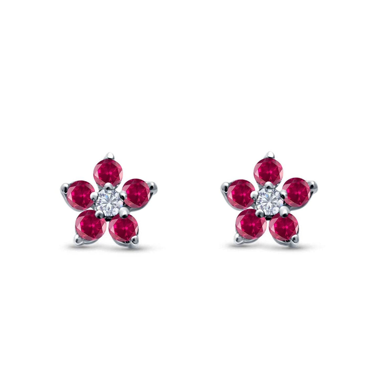 Cluster Flower Round Simulated Ruby CZ Stud Earrings