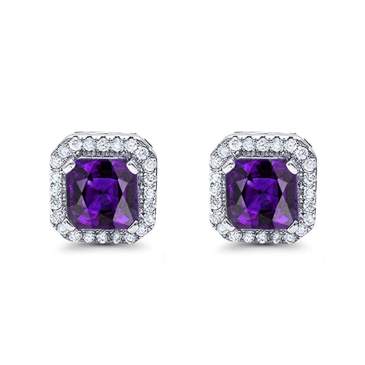 Halo Stud Earrings Wedding Princess Cut Simulated Amethyst CZ