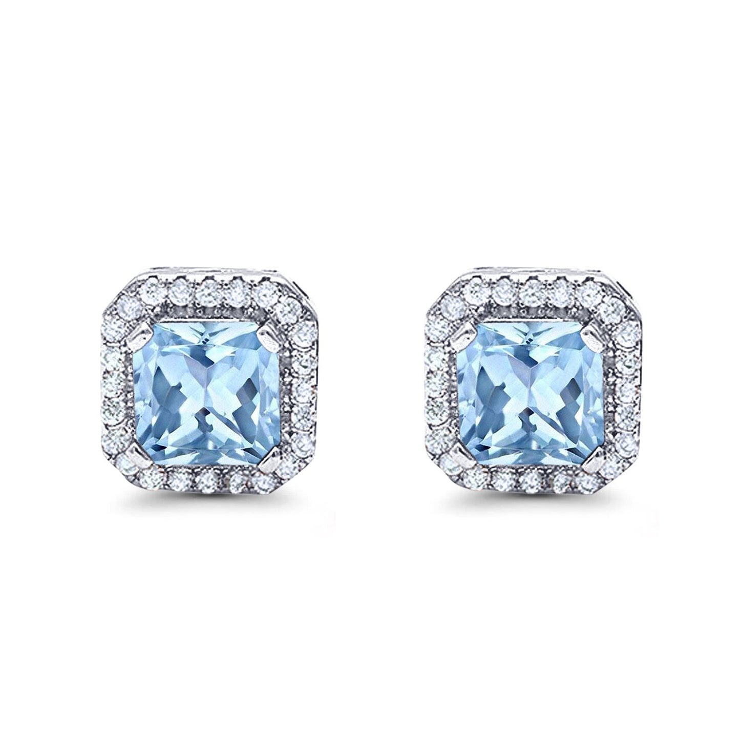 Halo Stud Earrings Wedding Princess Cut Simulated Aquamarine CZ