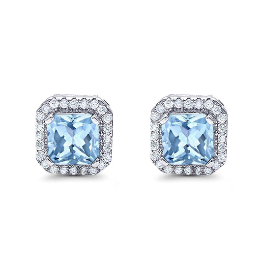 Halo Stud Earrings Wedding Princess Cut Simulated Aquamarine CZ