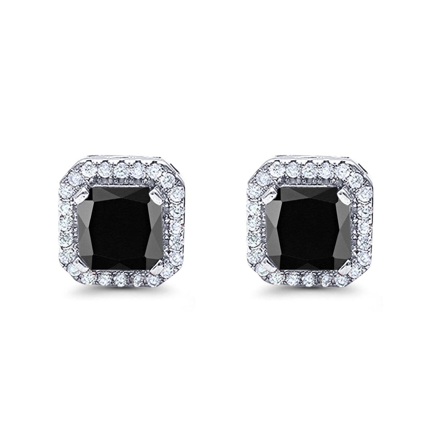 Halo Stud Earrings Wedding Princess Cut Simulated Black CZ