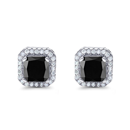 Halo Stud Earrings Wedding Princess Cut Simulated Black CZ