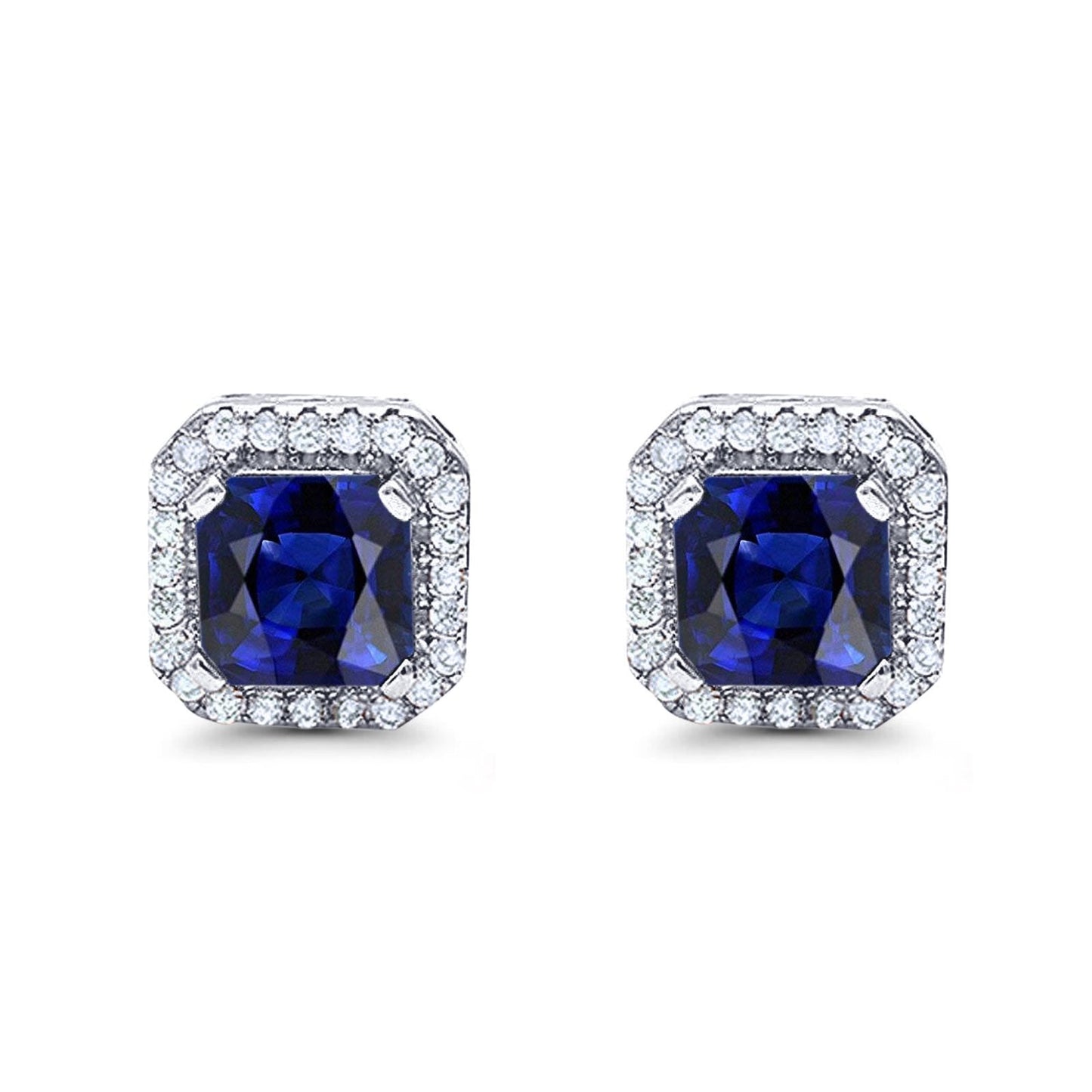 Halo Stud Earrings Wedding Princess Cut Simulated Blue Sapphire CZ