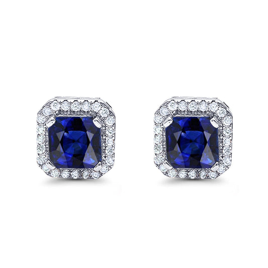 Halo Stud Earrings Wedding Princess Cut Simulated Blue Sapphire CZ