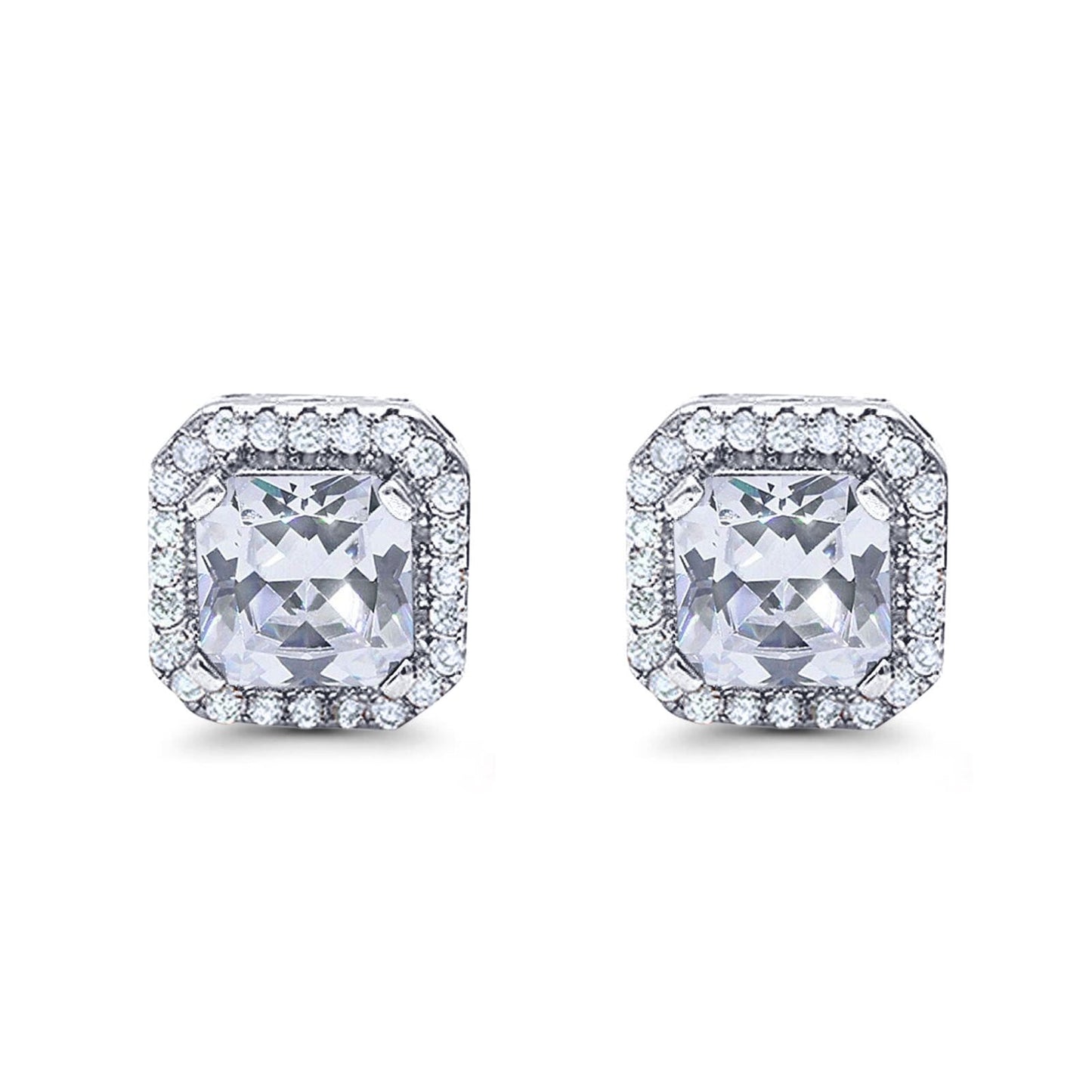 Halo Stud Earrings Wedding Princess Cut Simulated CZ