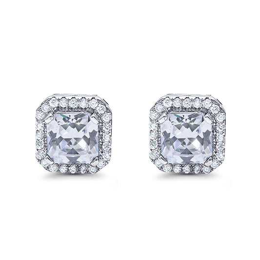 Halo Stud Earrings Wedding Princess Cut Simulated CZ