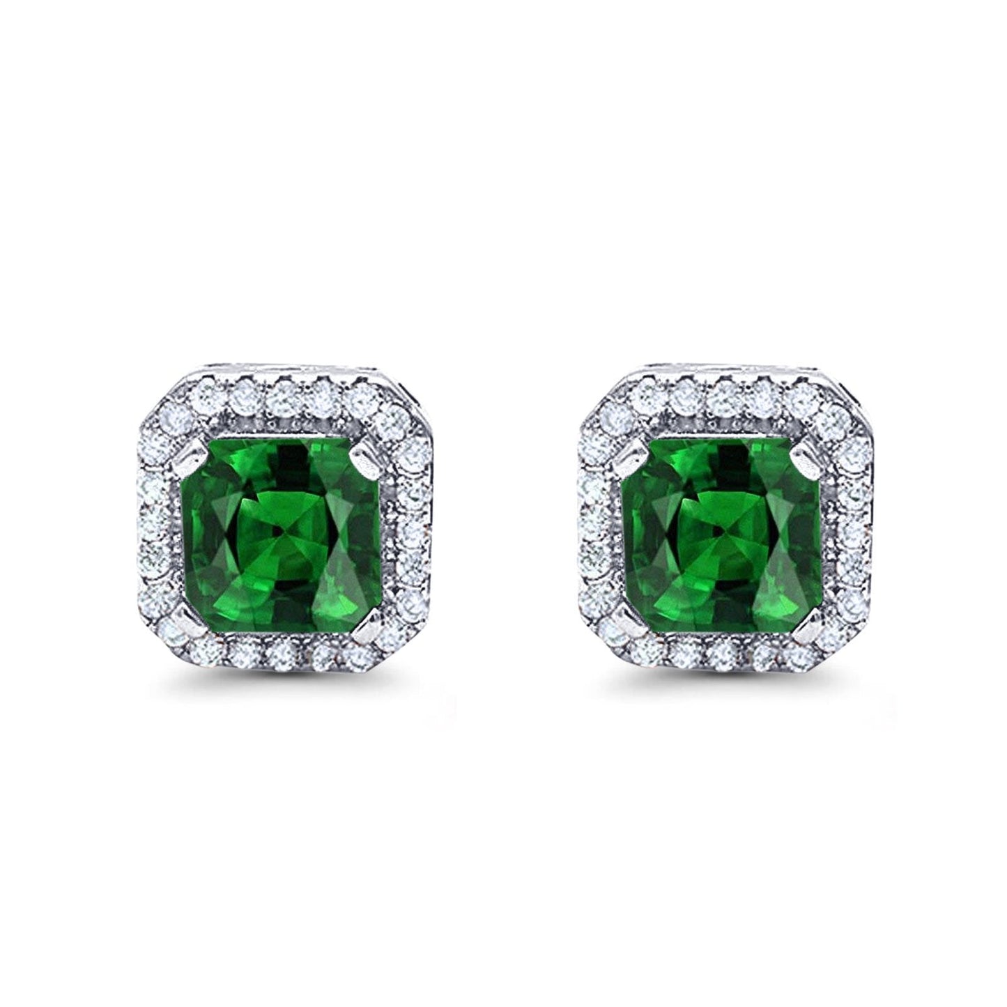 Halo Stud Earrings Wedding Princess Cut Simulated Green Emerald CZ