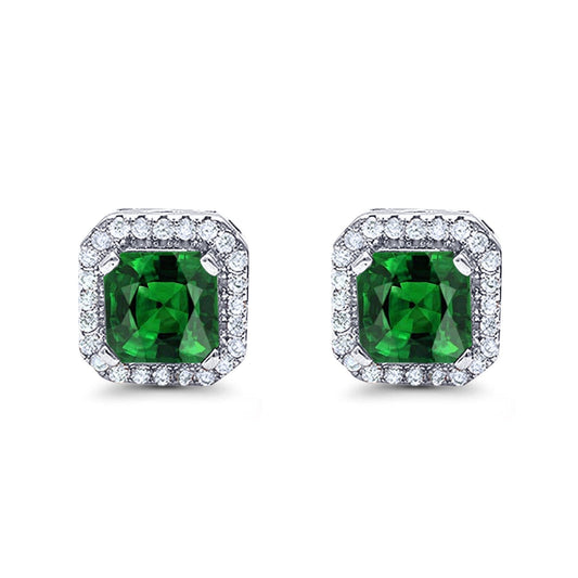 Halo Stud Earrings Wedding Princess Cut Simulated Green Emerald CZ