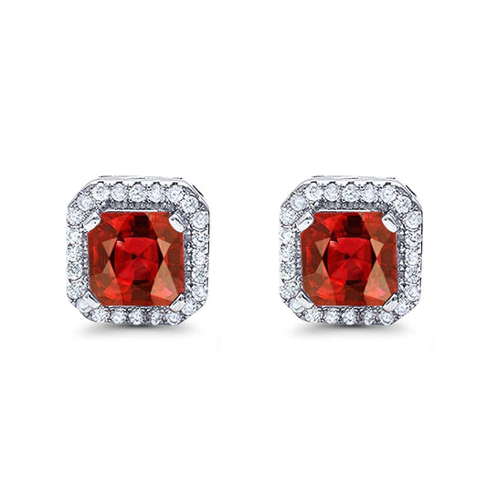 Halo Stud Earrings Wedding Princess Cut Simulated Garnet CZ