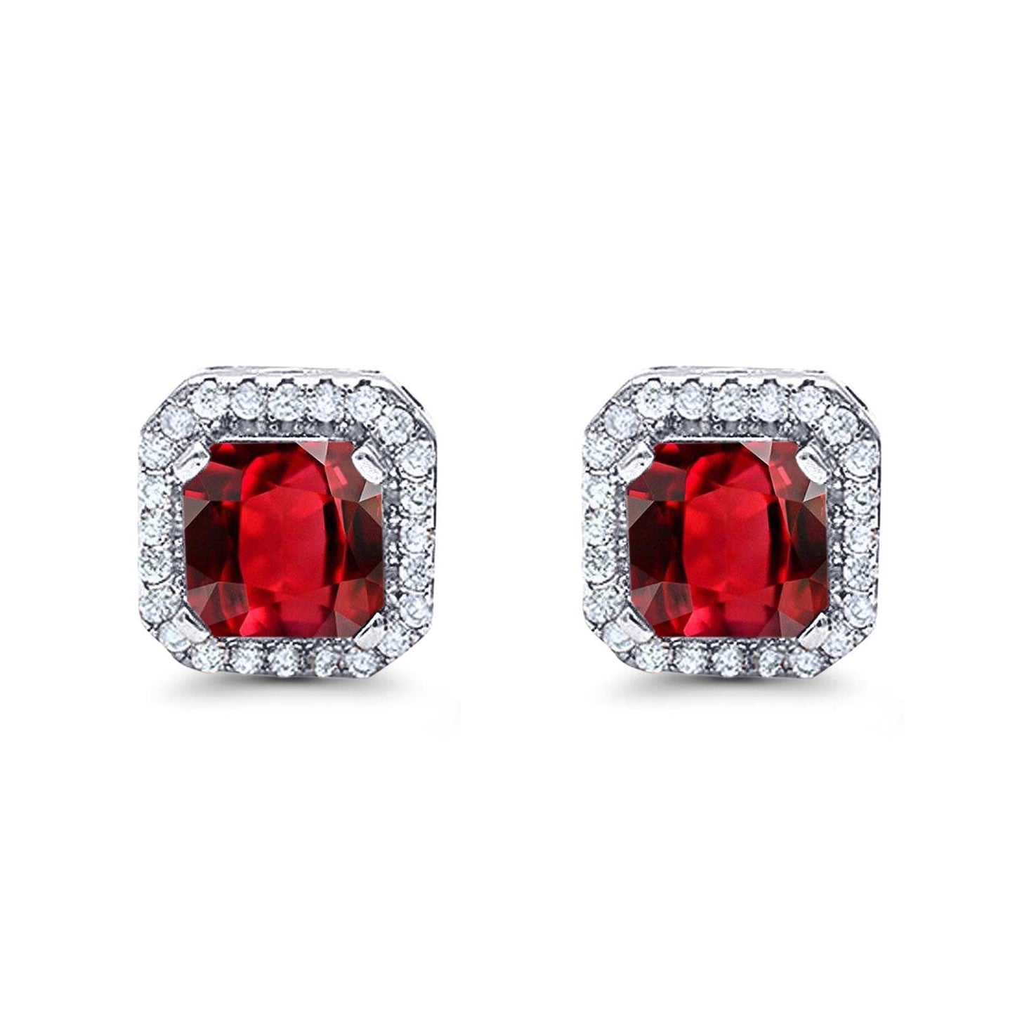 Halo Stud Earrings Wedding Princess Cut Simulated Ruby CZ