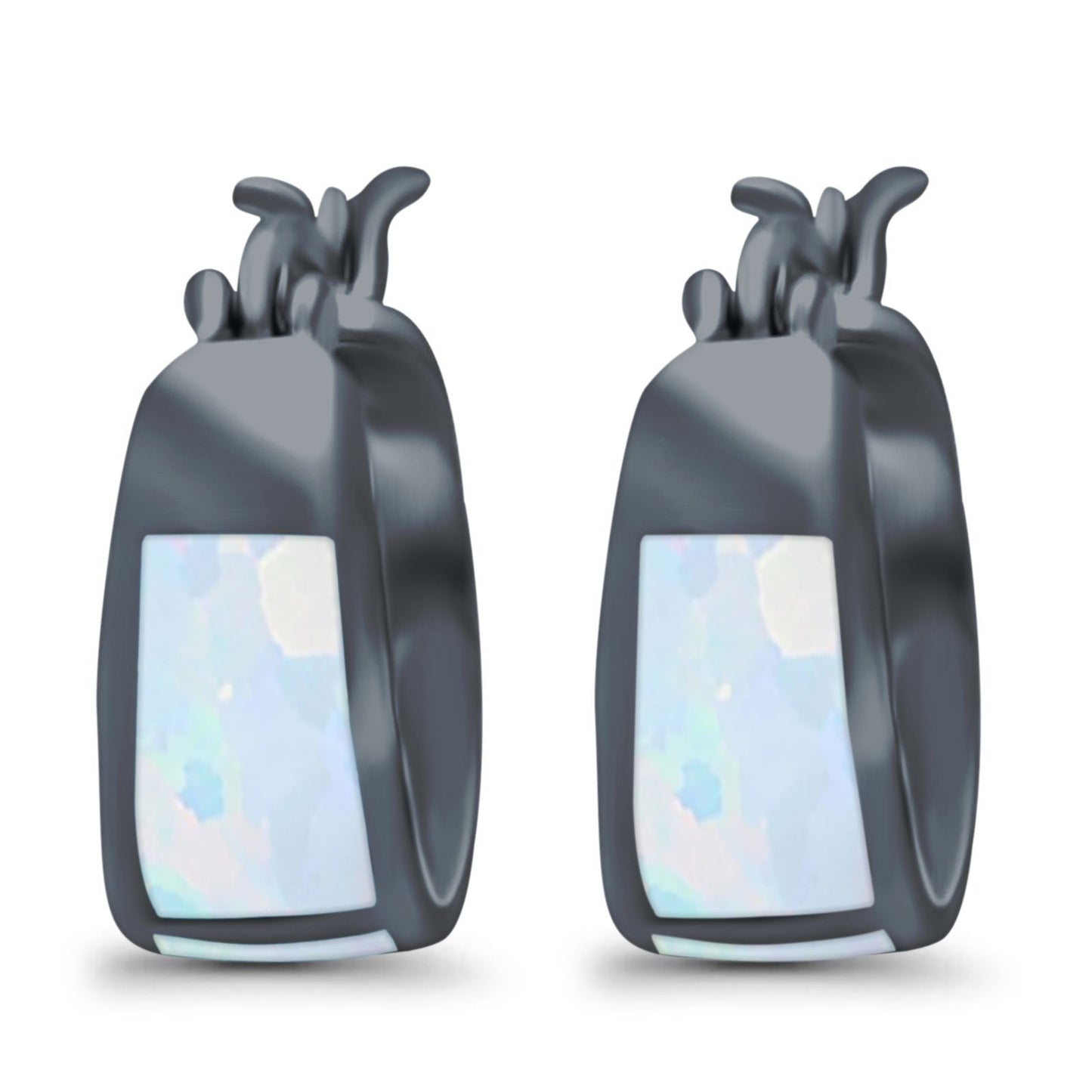 Hoop Huggies Earrings Irregular Shape Black Tone, Lab Created White Opal