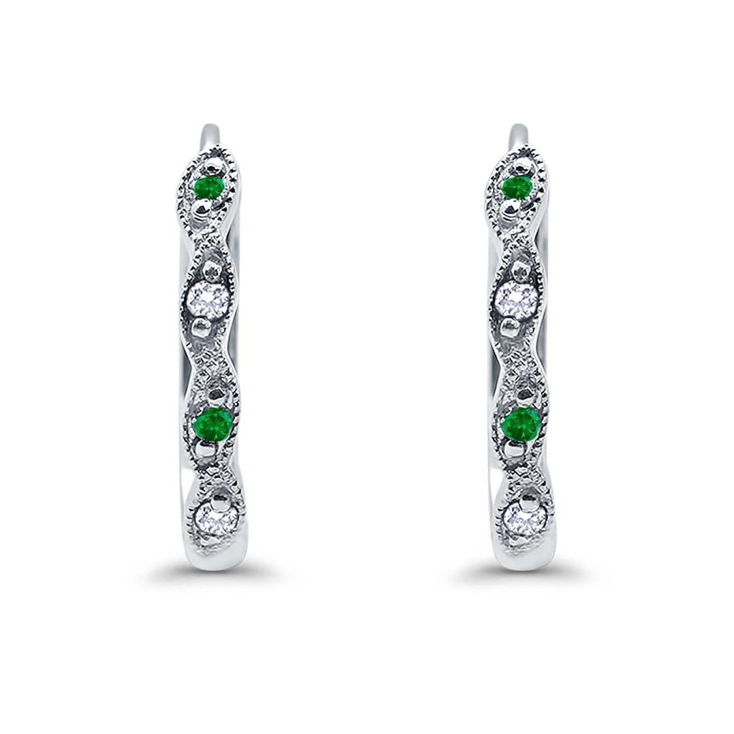 Huggie Hoop Earrings Round Simulated Green Emerald CZ (14mm)