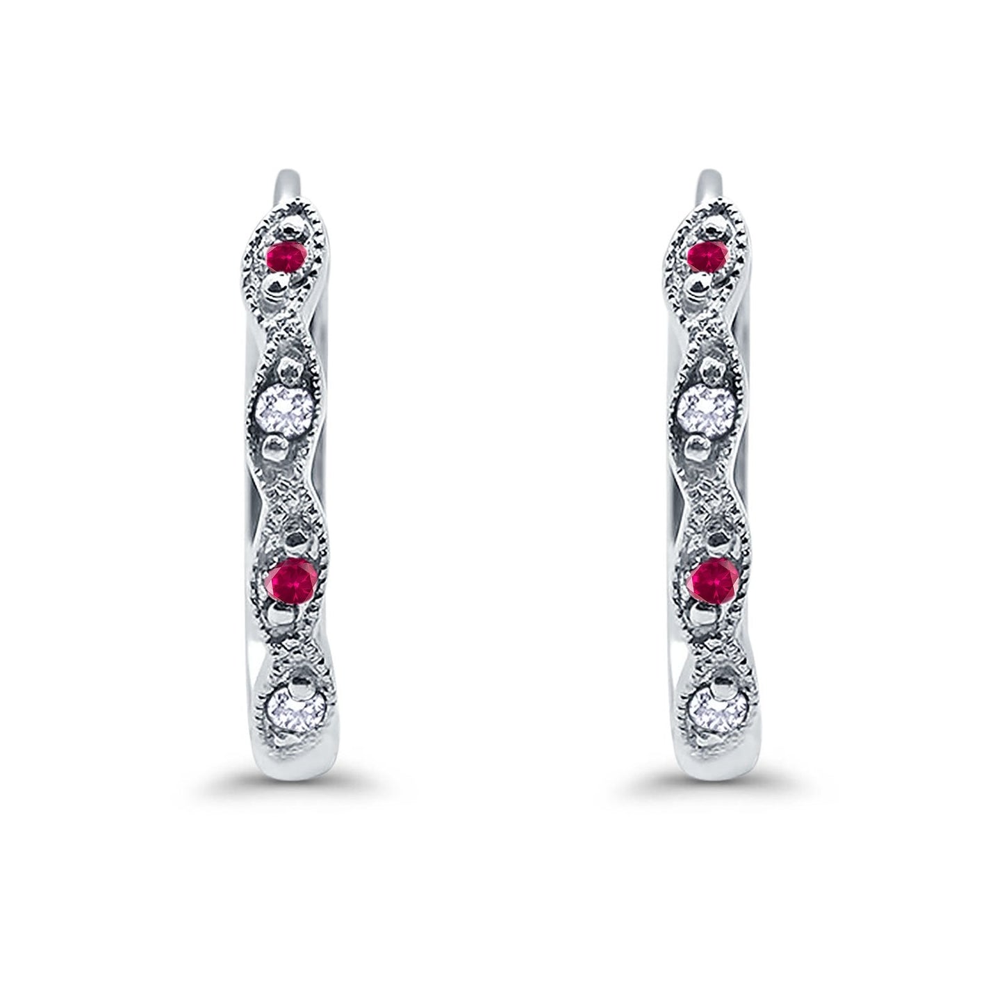 Huggie Hoop Earrings Round Simulated Ruby CZ (14mm)