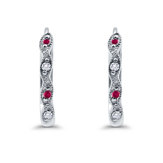 Huggie Hoop Earrings Round Simulated Ruby CZ (14mm)