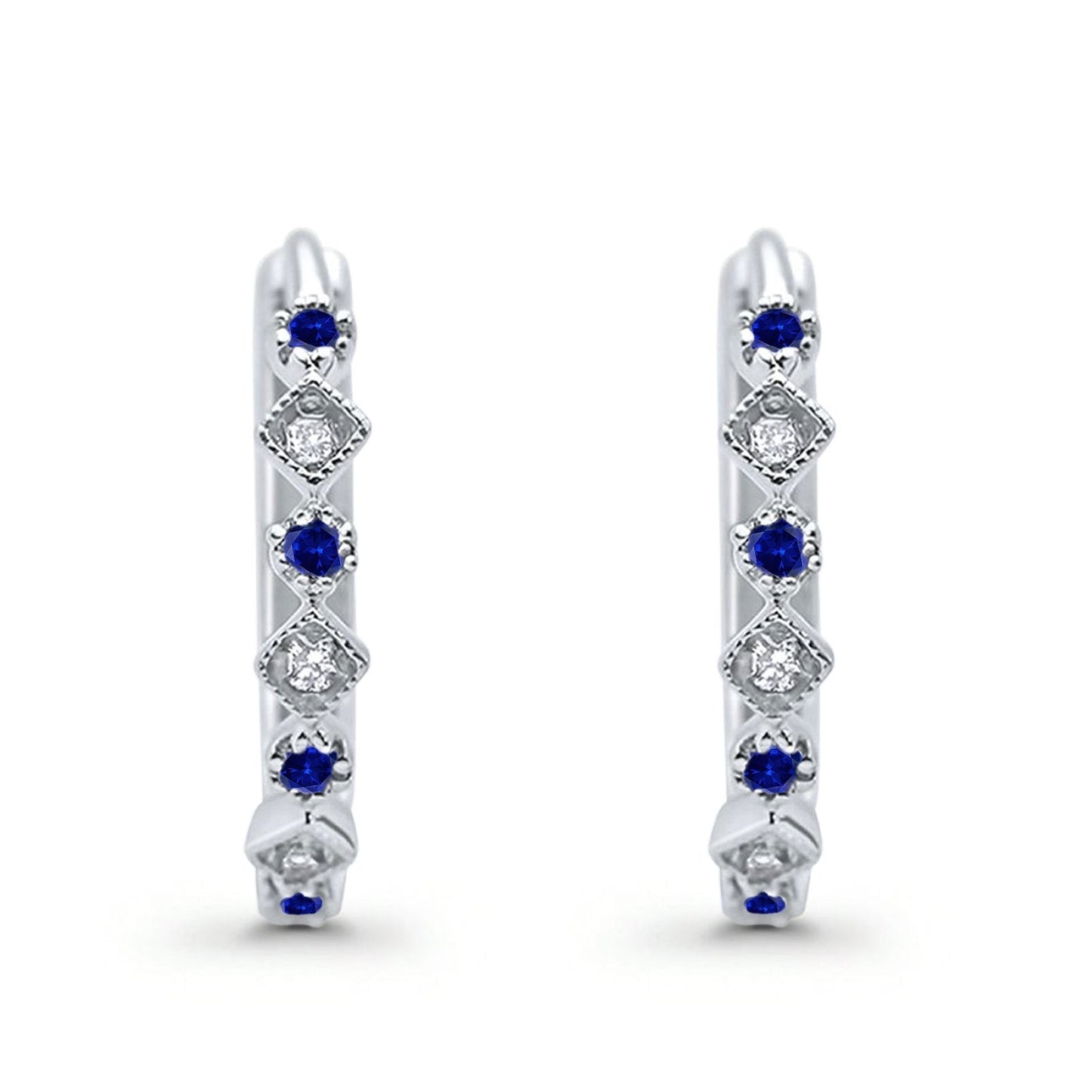 Art Deco Huggie Hoop Earrings Round Simulated Blue Sapphire CZ  (18mm)