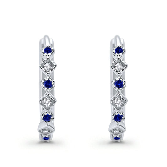 Art Deco Huggie Hoop Earrings Round Simulated Blue Sapphire CZ  (18mm)