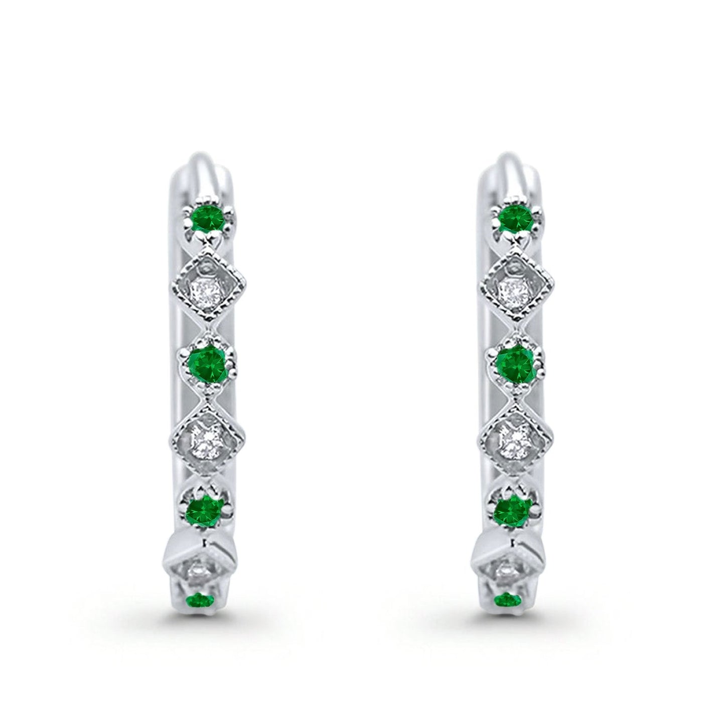 Art Deco Huggie Hoop Earrings Round Simulated Green Emerald CZ (18mm)