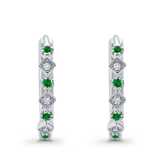 Art Deco Huggie Hoop Earrings Round Simulated Green Emerald CZ (18mm)