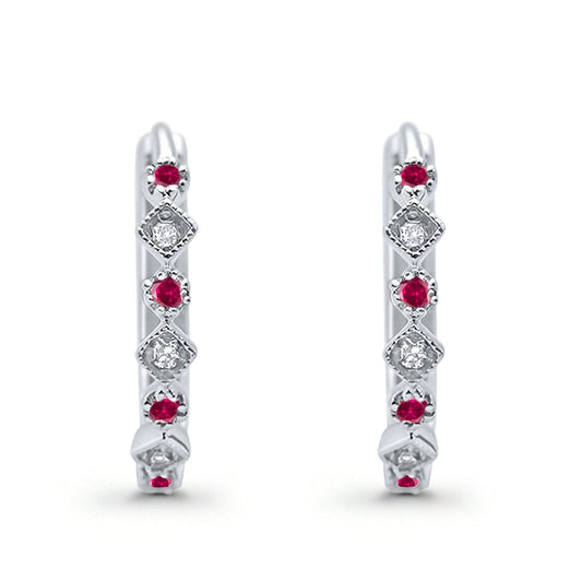 Art Deco Huggie Hoop Earrings Round Simulated Ruby CZ (18mm)