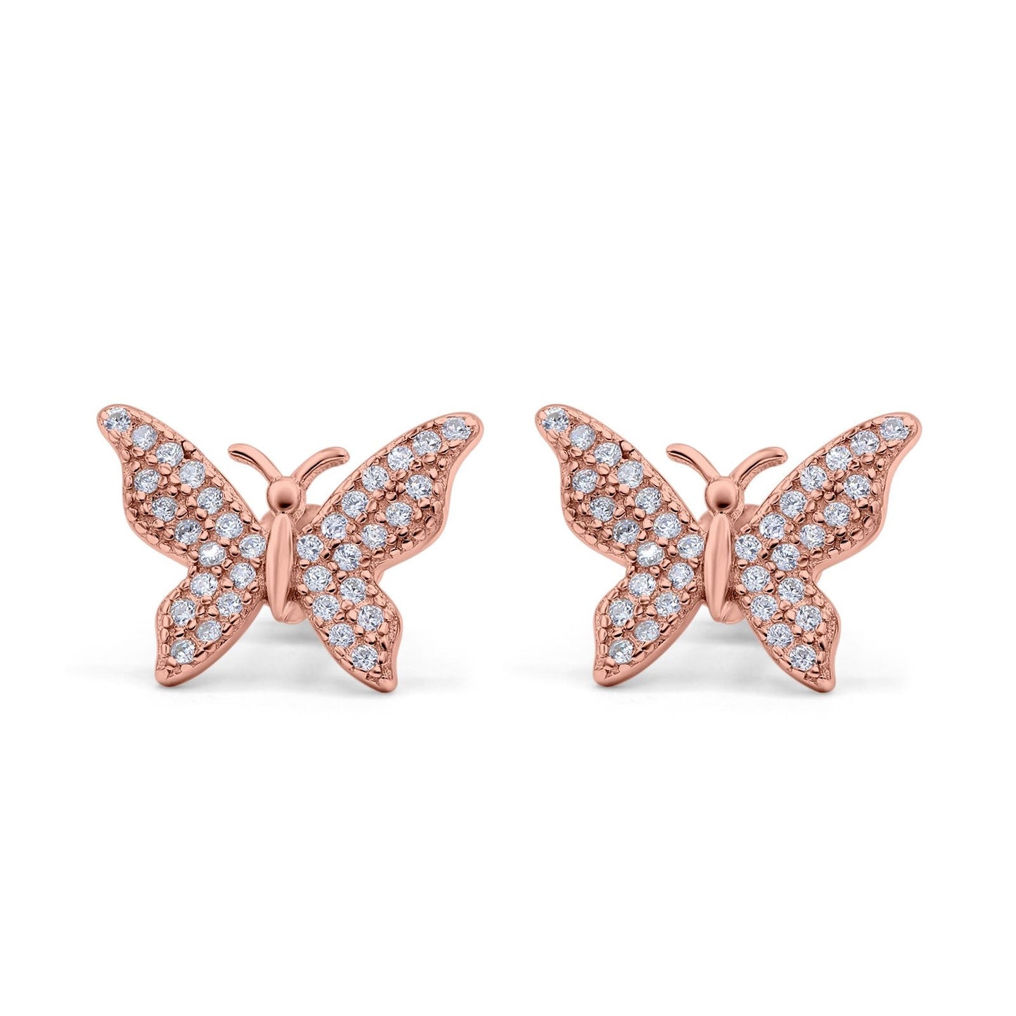 Butterfly Stud Earrings Rose Tone, Simulated CZ (14mm)