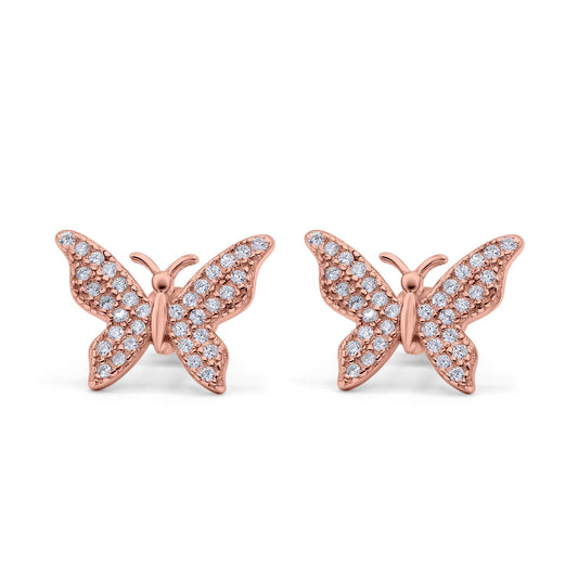 Butterfly Stud Earrings Rose Tone, Simulated CZ (14mm)