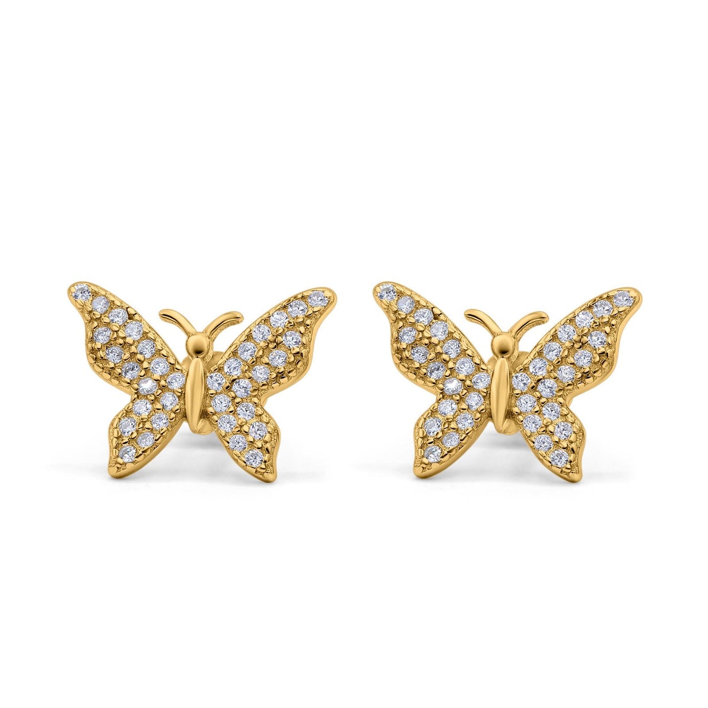 Butterfly Stud Earrings Yellow Tone, Simulated CZ (14mm)