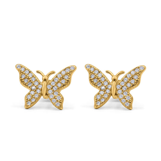 Butterfly Stud Earrings Yellow Tone, Simulated CZ (14mm)