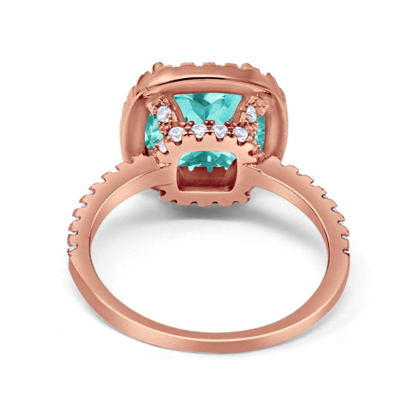 Halo Engagement Ring Accent Cushion Rose Tone, Simulated Paraiba Tourmaline CZ