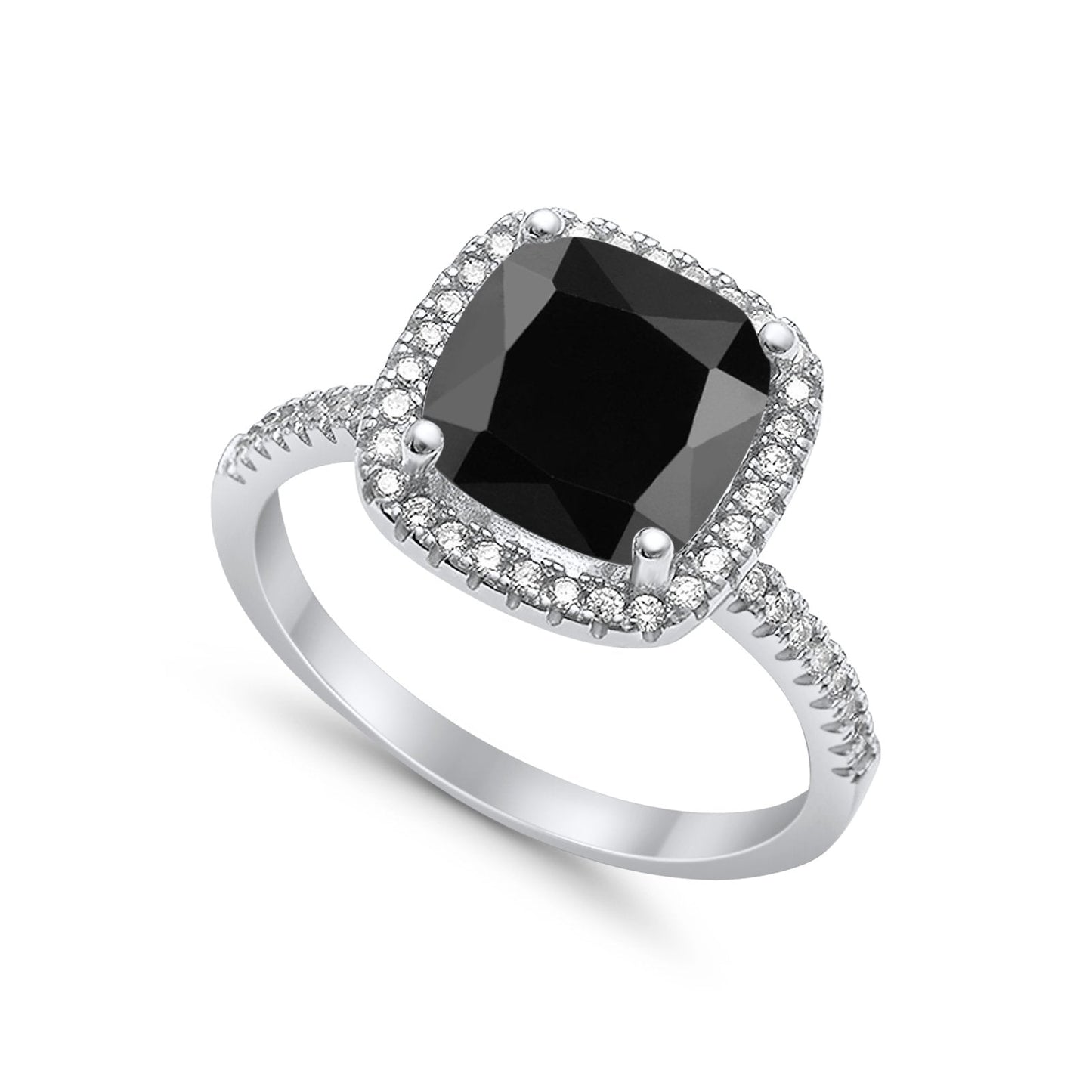 Halo Engagement Ring Accent Cushion Simulated Black Cubic Zirconia