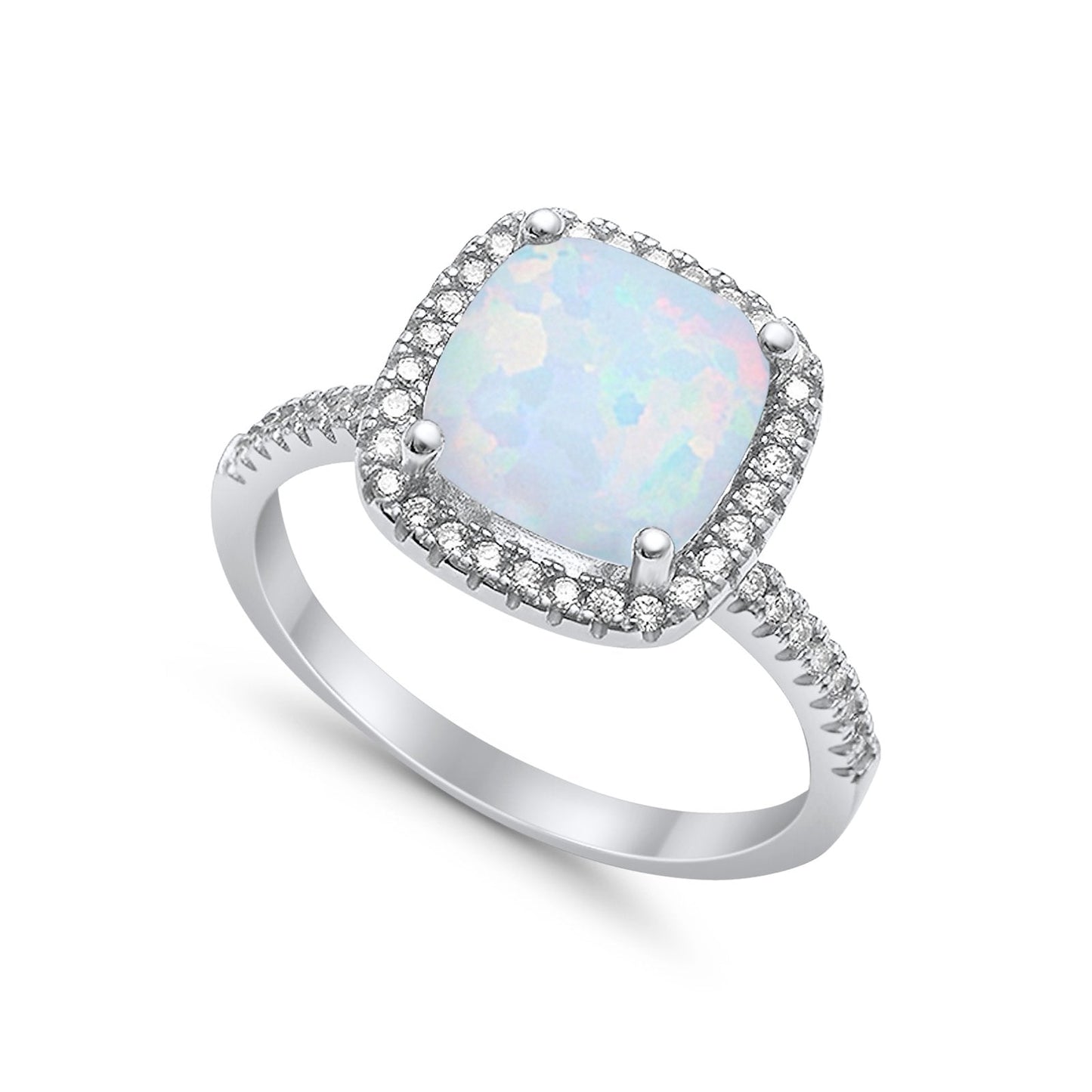 Halo Cushion Lab Created White Opal Engagement Ring