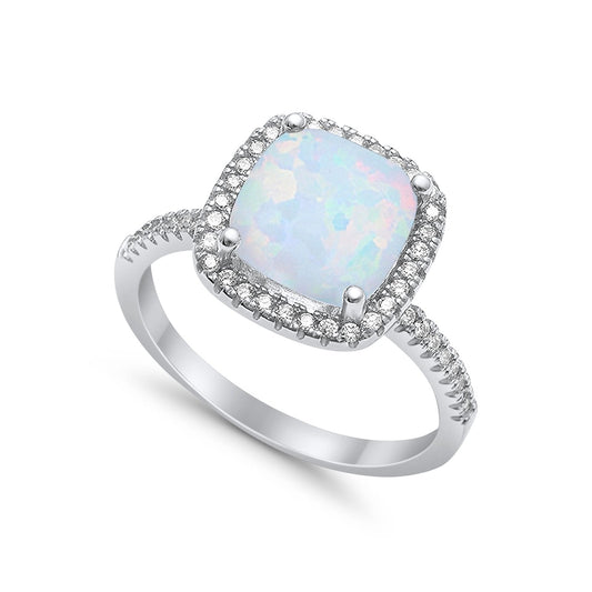 Halo Cushion Lab Created White Opal Engagement Ring