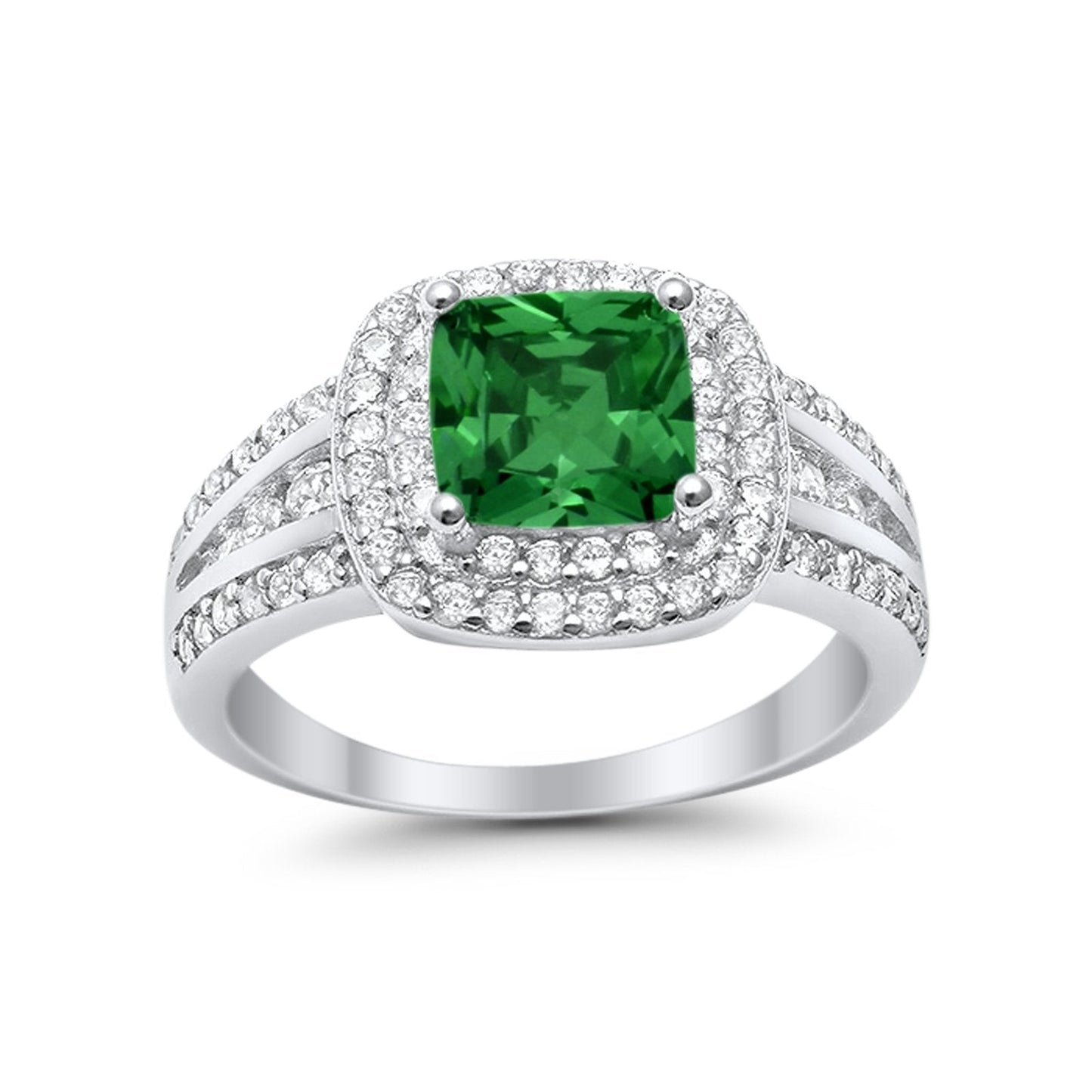 Halo Art Deco Wedding Ring  Round Simulated Green Emerald CZ