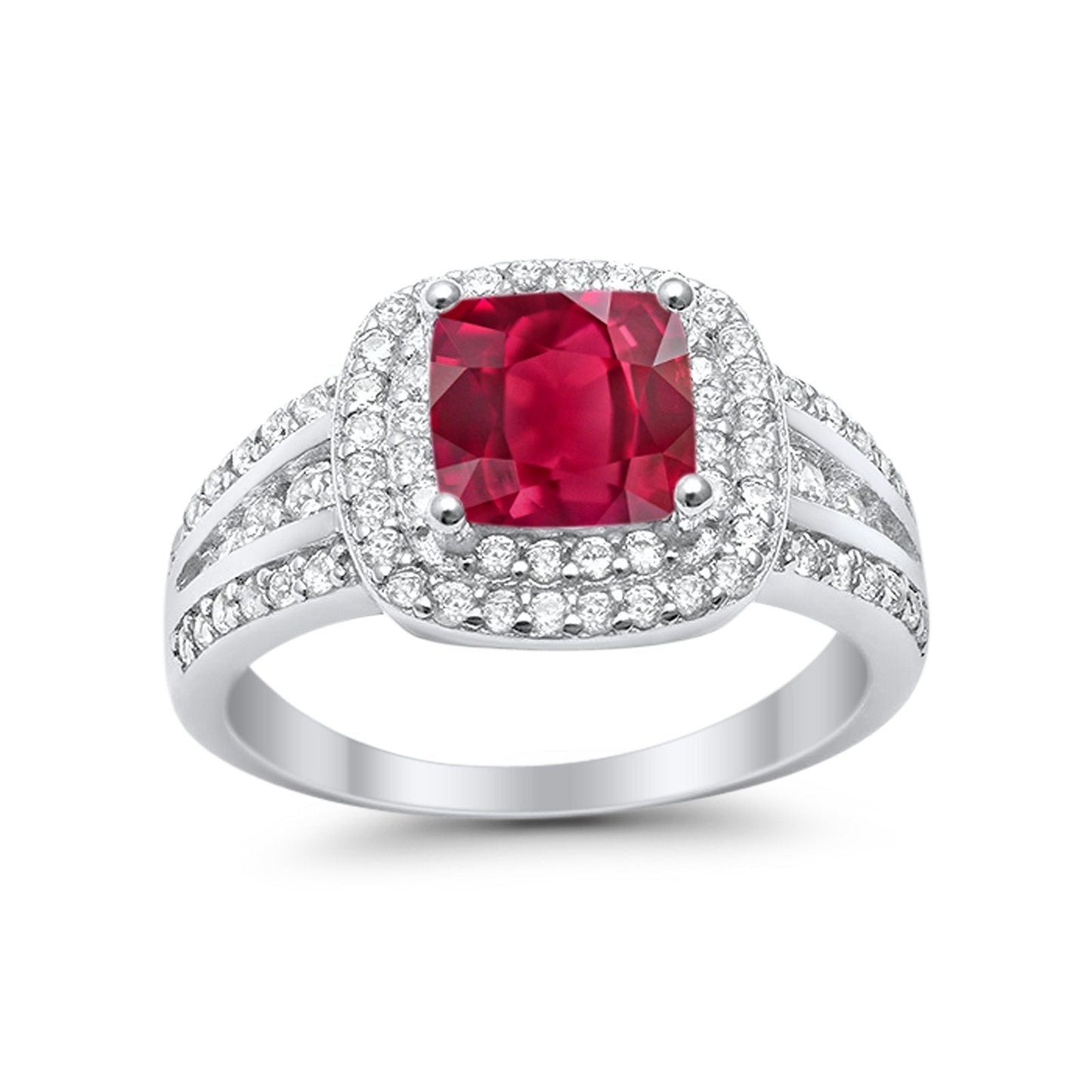 Halo Art Deco Princess Cut Round Simulated Ruby CZ Wedding Ring