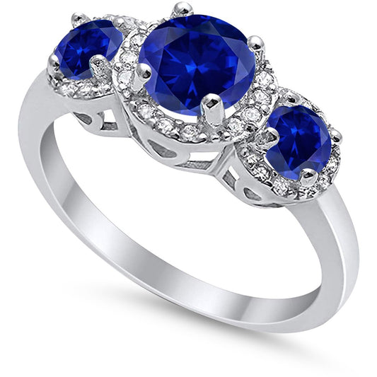 Three Stone Simulated Blue Sapphire CZ Wedding Ring