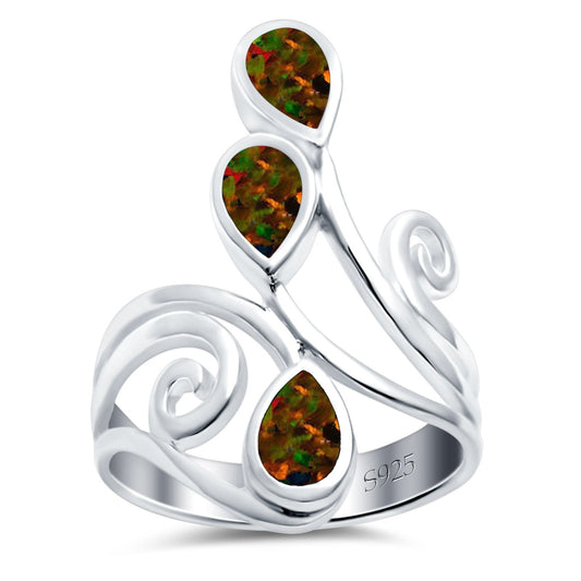 Teardrop Pear Lab Created Black Opal Swirl Spiral Ring