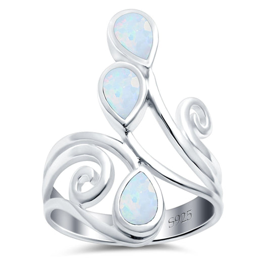 Teardrop Pear Lab Created White Opal Swirl Spiral Ring