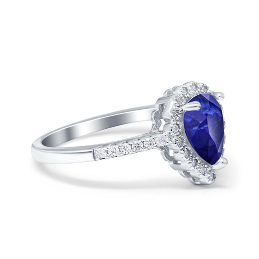 Teardrop Pear Halo Blue Sapphire CZ Engagement Ring