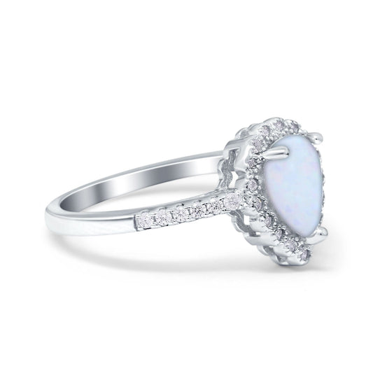 Teardrop Pear Halo Lab Created White Opal Engagement Ring