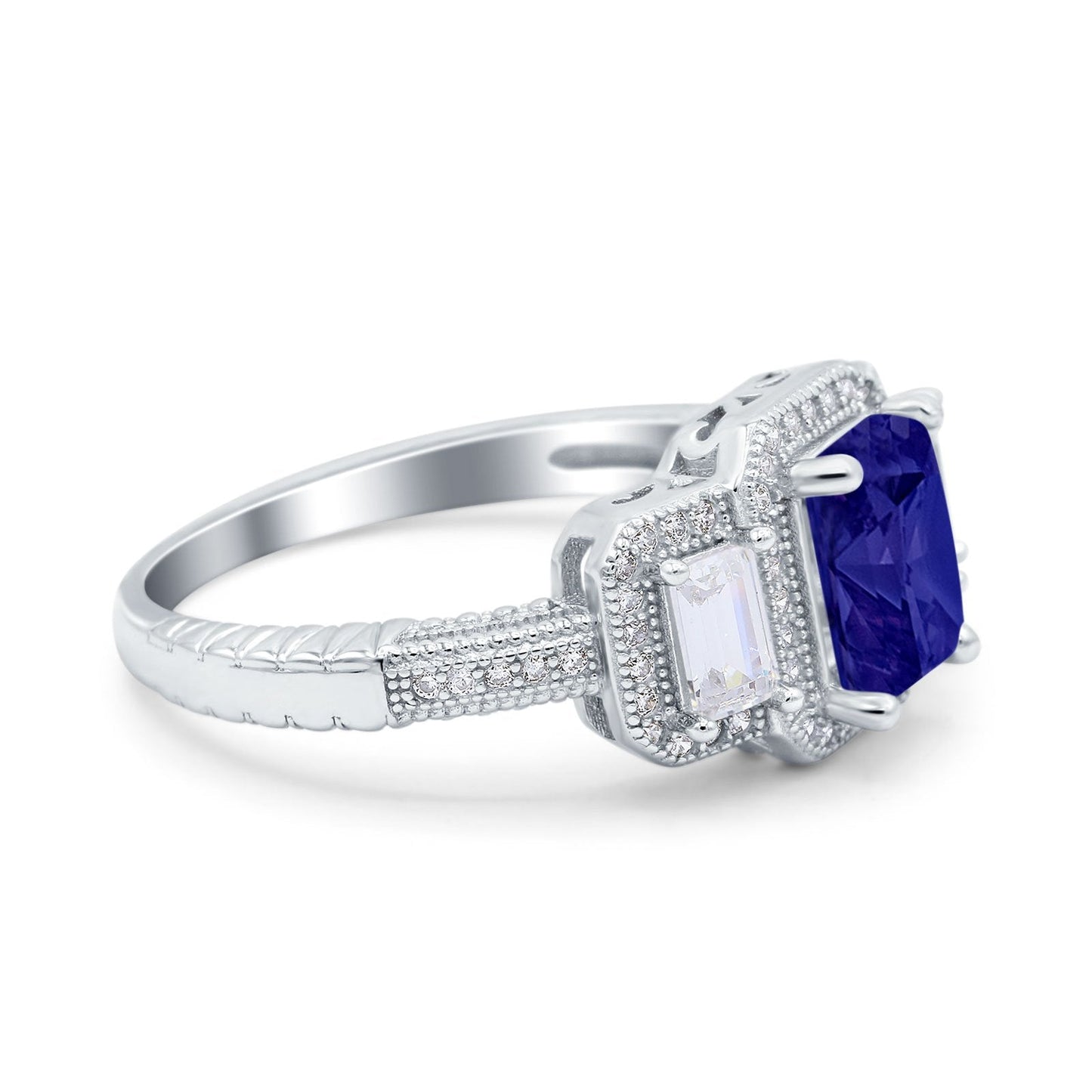 Emerald Cut Halo Engagement Ring Simulated Blue Sapphire CZ